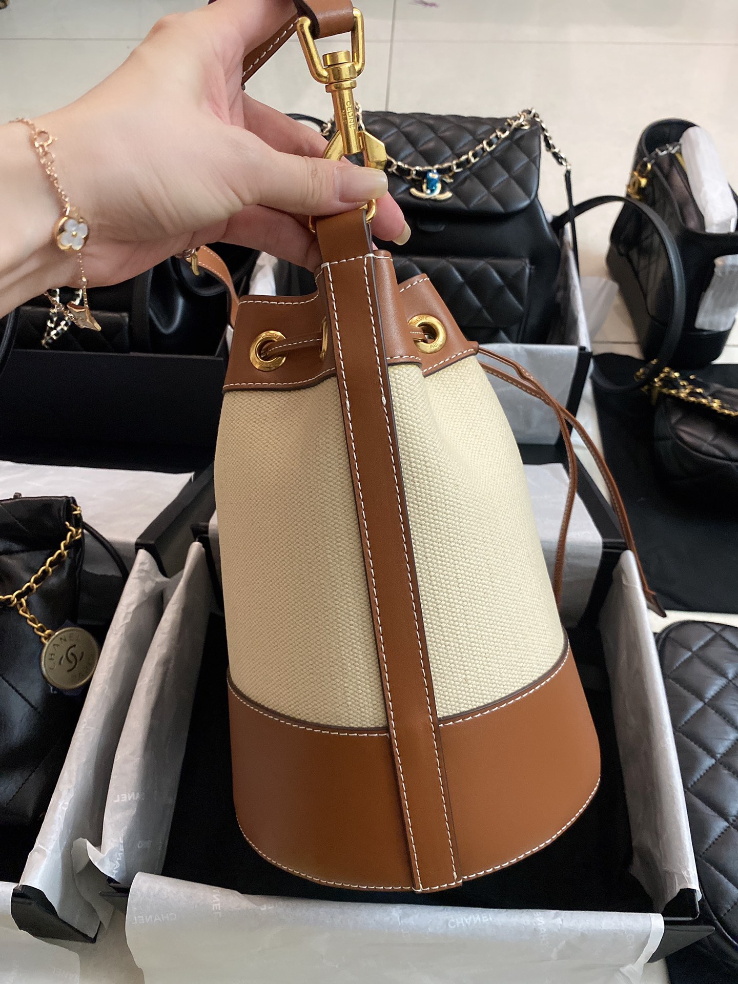 Small drawstring cabas marin in TEXTILE AND CALFSKIN - Image 7