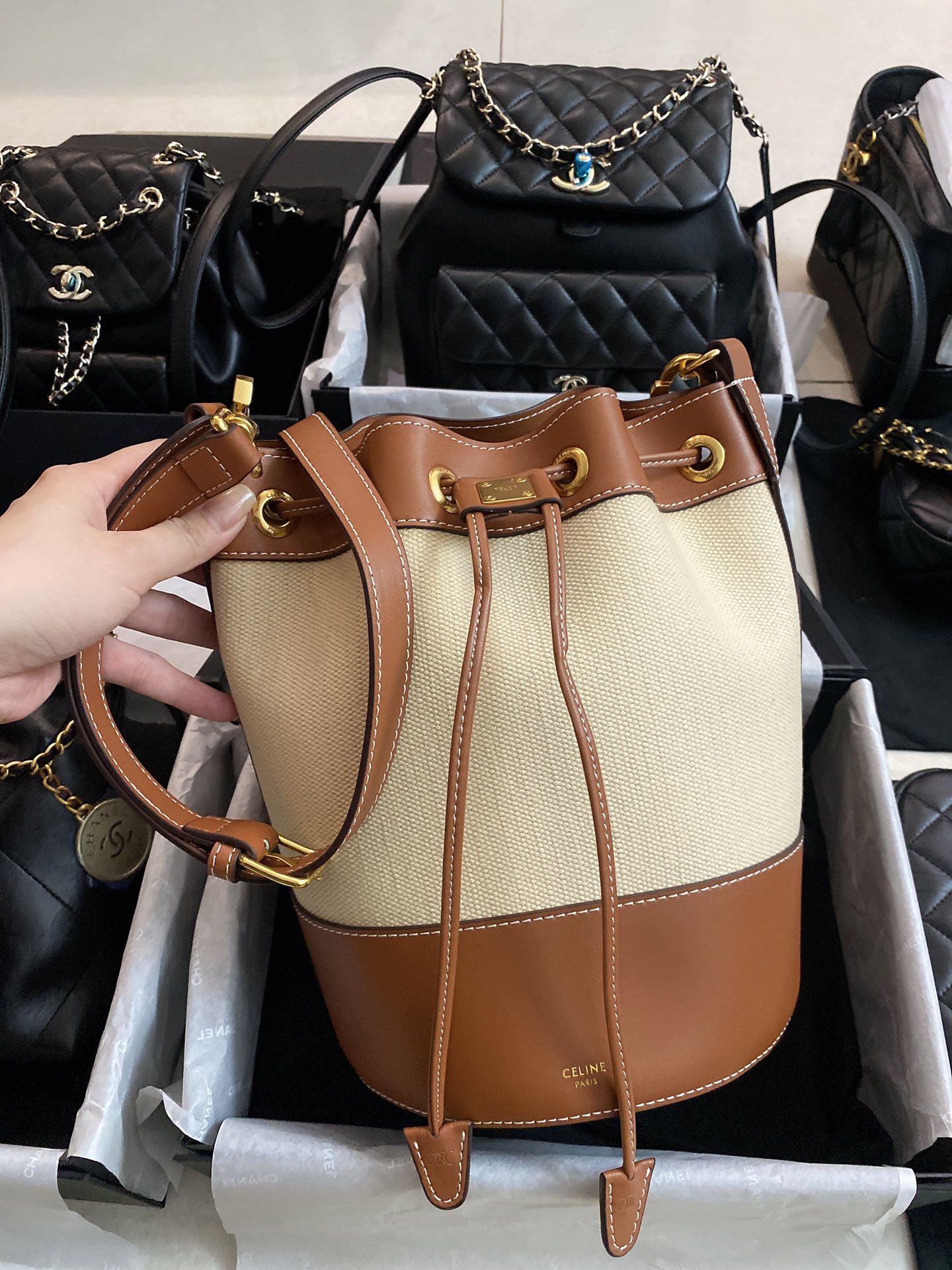 Small drawstring cabas marin in TEXTILE AND CALFSKIN - Image 3