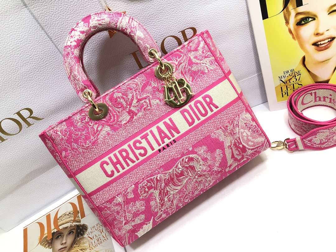 Lady D-Lite Seven Square Embroidered Tiger Luxury Style Pink Handbag