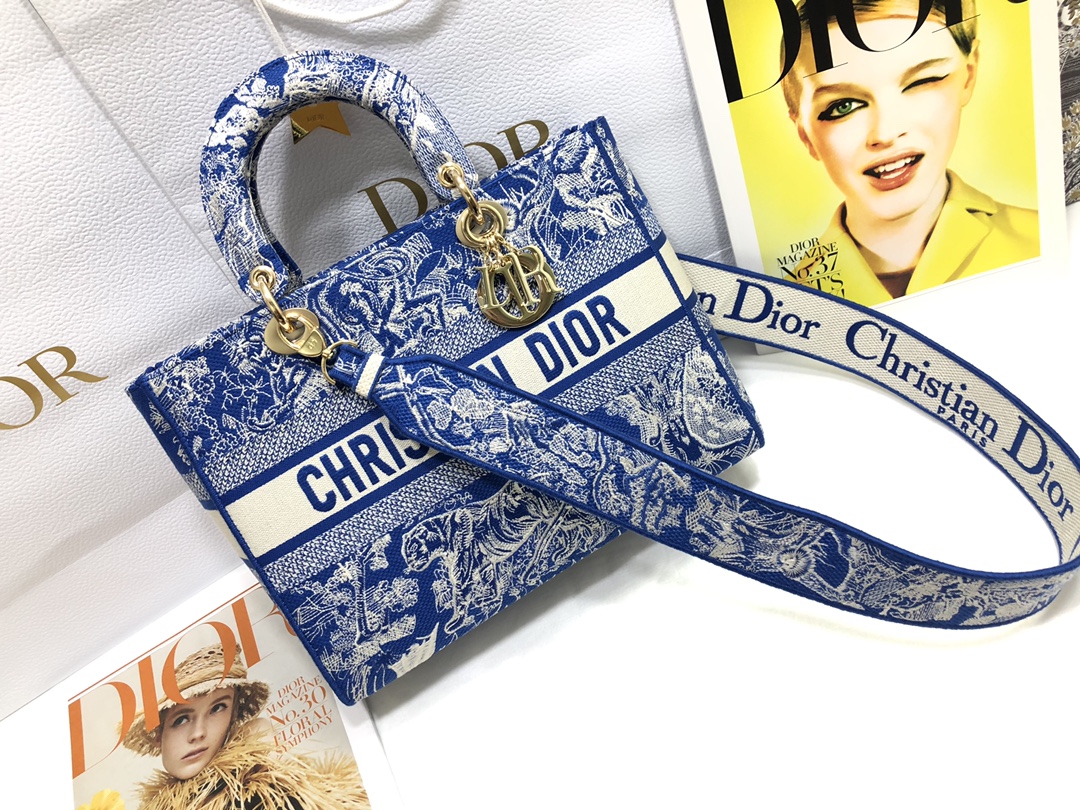 Lady D-Lite Seven-Square Embroidered Tiger Tote Bag – Vibrant Blue Luxury Style Handbag