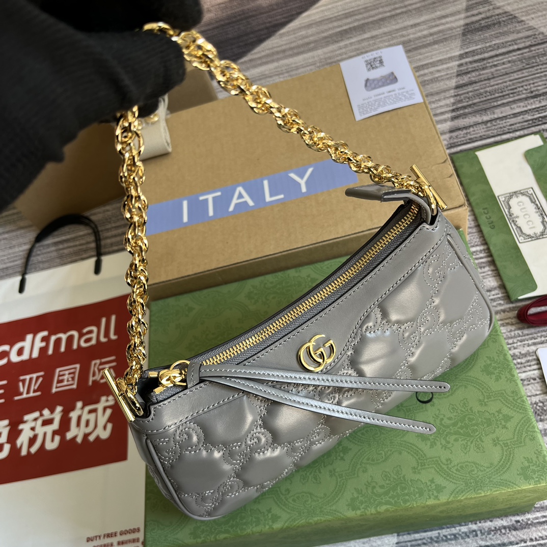 Grey Embossed Matelassé Style Quilted Leather Shoulder Bag - Image 4