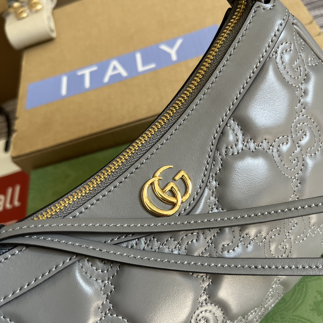Grey Embossed Matelassé Style Quilted Leather Shoulder Bag - Image 6