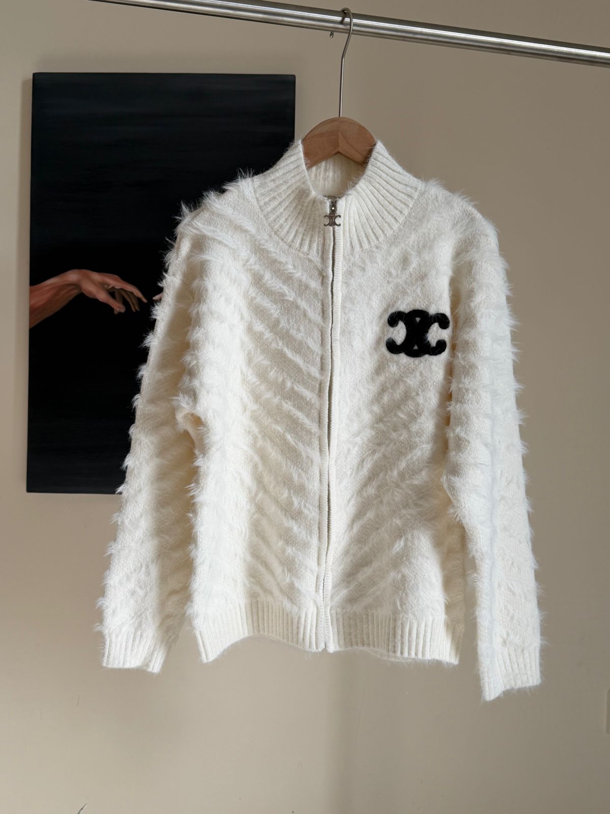 Chanel Luxury Fluffy Knit Zip-Up Sweater for Women | Soft White Jacket