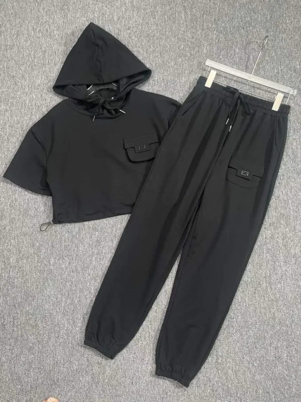 Women Tracksuit Double Pocket Hoodie Short Sleeve T-Shirt Elastic-Waist With Pant - Image 2