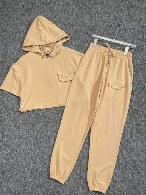 Women Tracksuit Double Pocket Hoodie Short Sleeve T-Shirt Elastic-Waist With Pant - Image 3