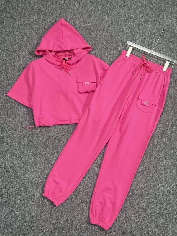 Women Tracksuit Double Pocket Hoodie Short Sleeve T-Shirt Elastic-Waist With Pant