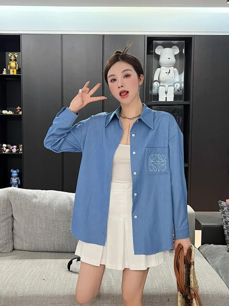 Loewe Women’s Denim Blue Blouses & Shirts With Lapel Slim Long Sleeved - Image 5