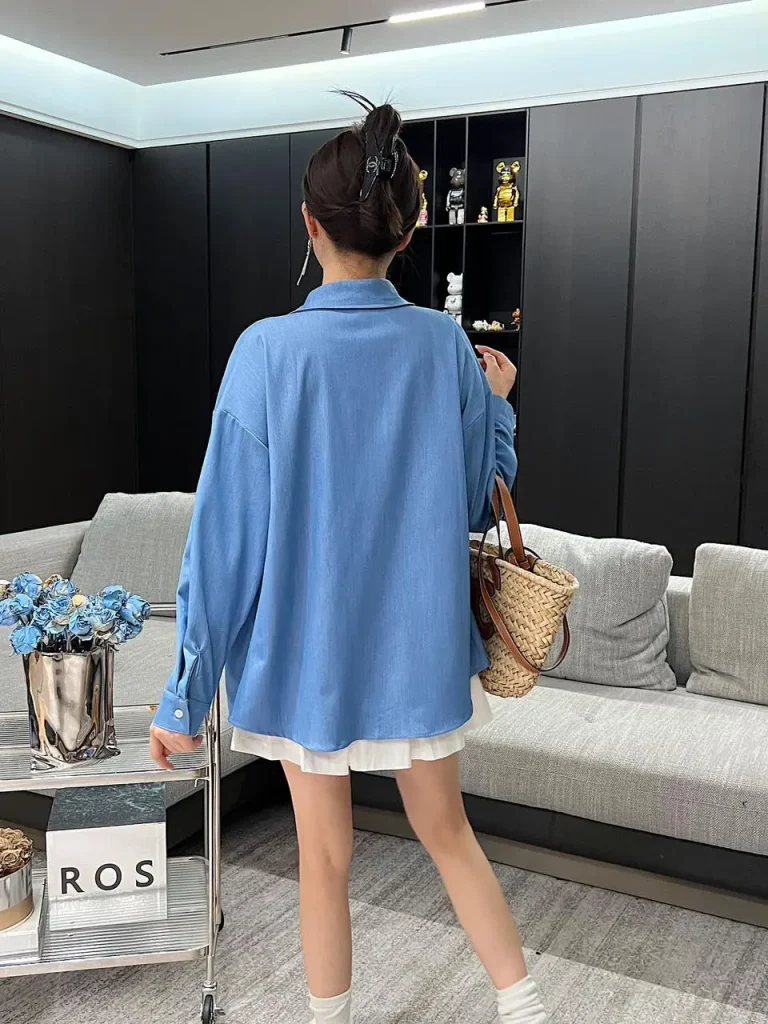 Loewe Women’s Denim Blue Blouses & Shirts With Lapel Slim Long Sleeved - Image 4