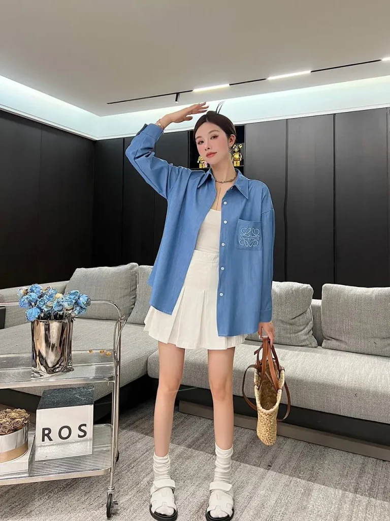 Loewe Women’s Denim Blue Blouses & Shirts With Lapel Slim Long Sleeved - Image 3