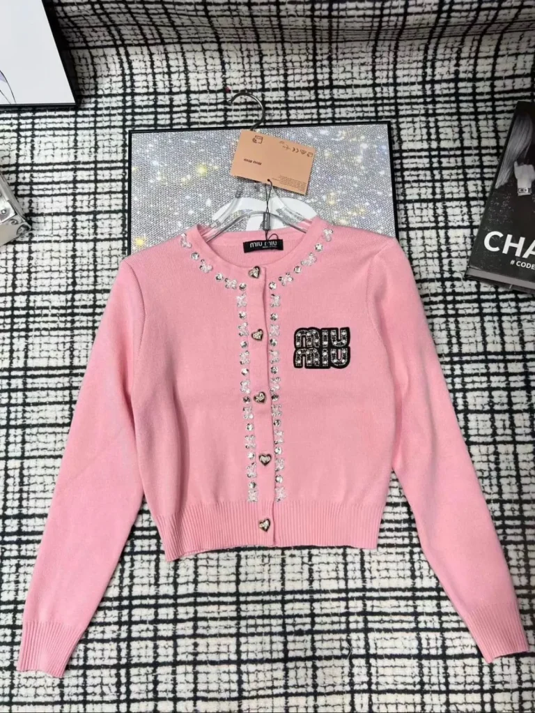 MIU MIU Plain Cardigan Sweater With Pearls & Button - Image 3