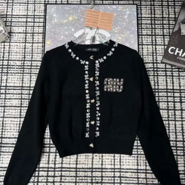 MIU MIU Plain Cardigan Sweater With Pearls & Button