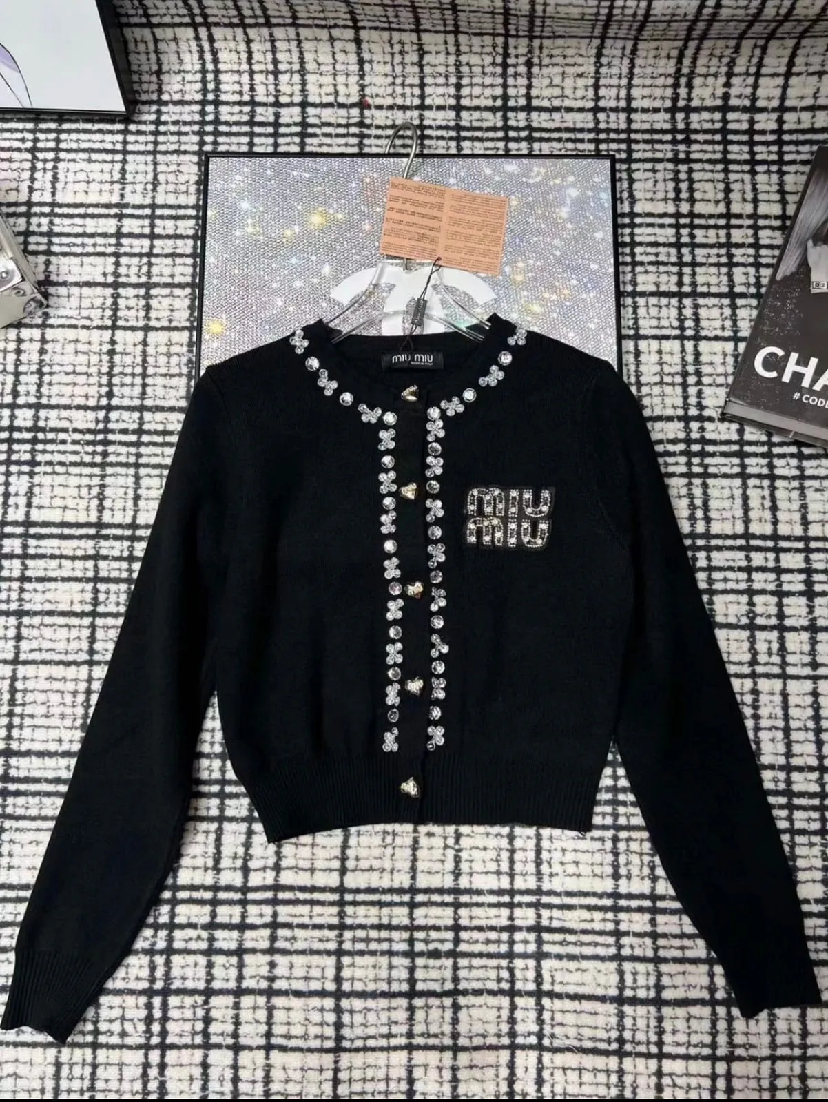 MIU MIU Plain Cardigan Sweater With Pearls & Button