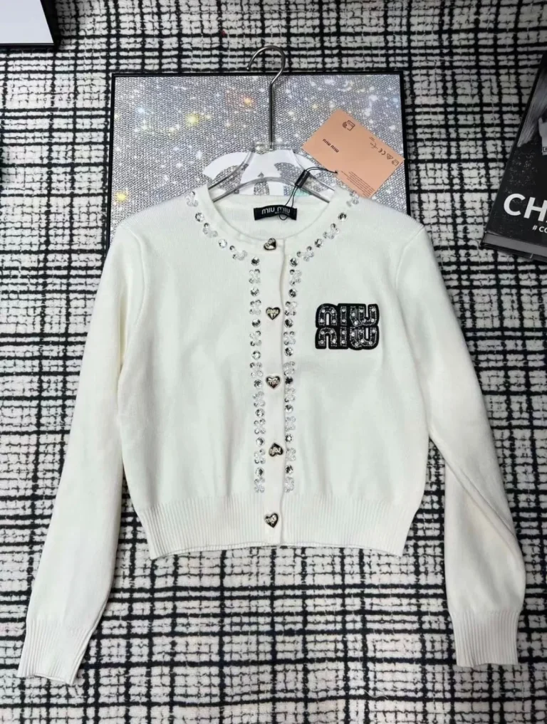 MIU MIU Plain Cardigan Sweater With Pearls & Button - Image 2