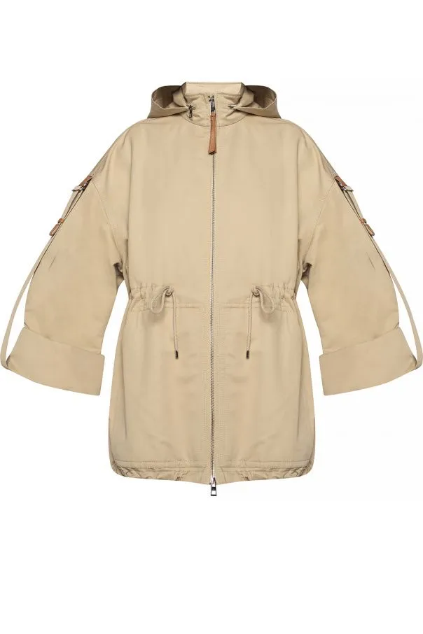 Patchwork Leather Label Zipper Hooded Jacket